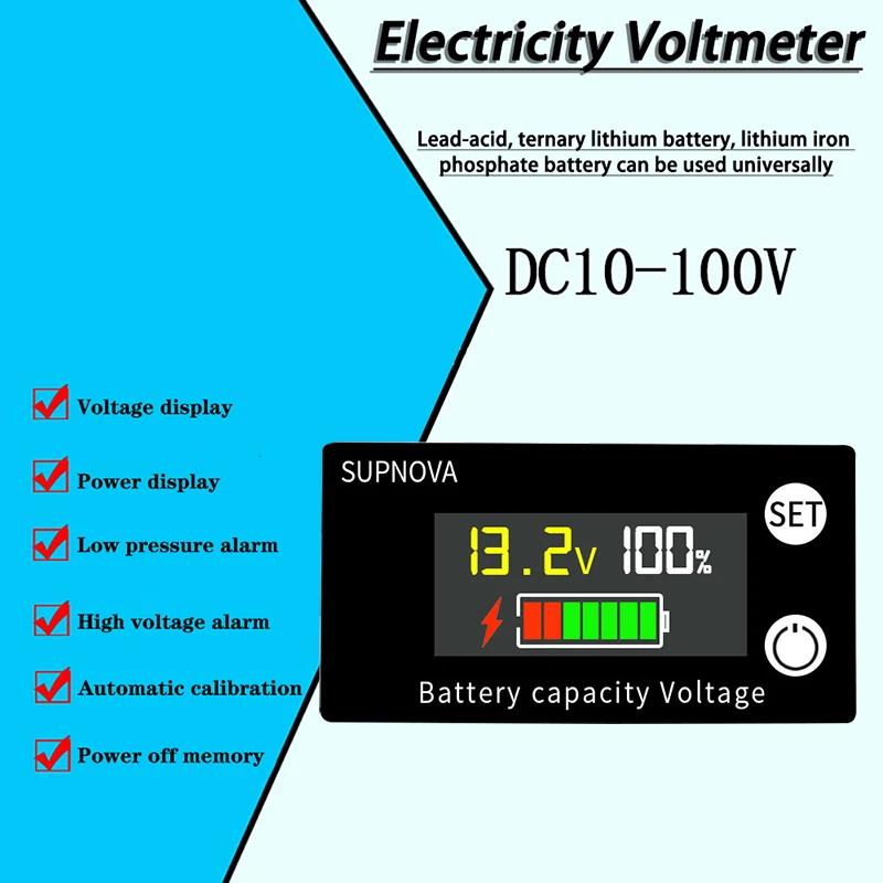 Battery Capacity Indicator DC 8V-100V Lead Acid Lithium LiFePO4 Car Motorcycle Voltmeter Voltage Gauge 12V 24V 48V 72V