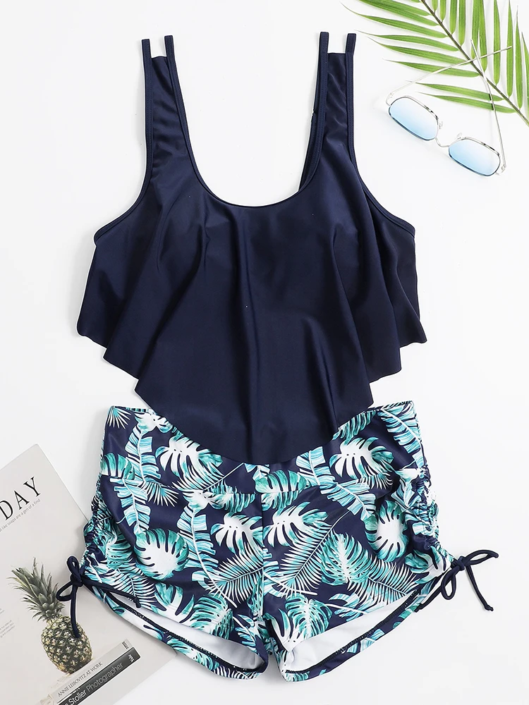 

Tropical Prints Ruffle Hem Layer Bikini Sets For Women's High Waist Boyshorts Swimsuit 2022 2 Piece Female Bathing Suit Swimwear