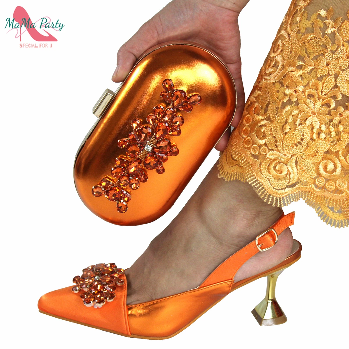 

Spring Autumn Pointed Toe High Qualty Shoes Matching Bag Set in Orange Color For Nigerian Women Wedding Party