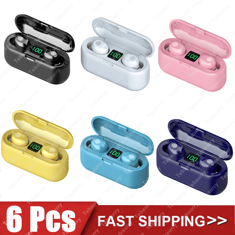 

6Pcs TWS F9 Wireless Headphone Stereo Sport Bluetooth Earphone Touch Mini Earbuds Bass Headset with Charging Case Power Bank