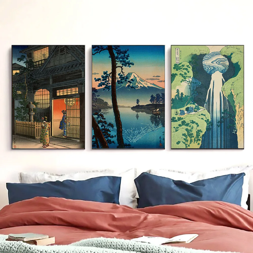 Японский горный озеро ретро искусство пейзаж холст живопись стены Искусство