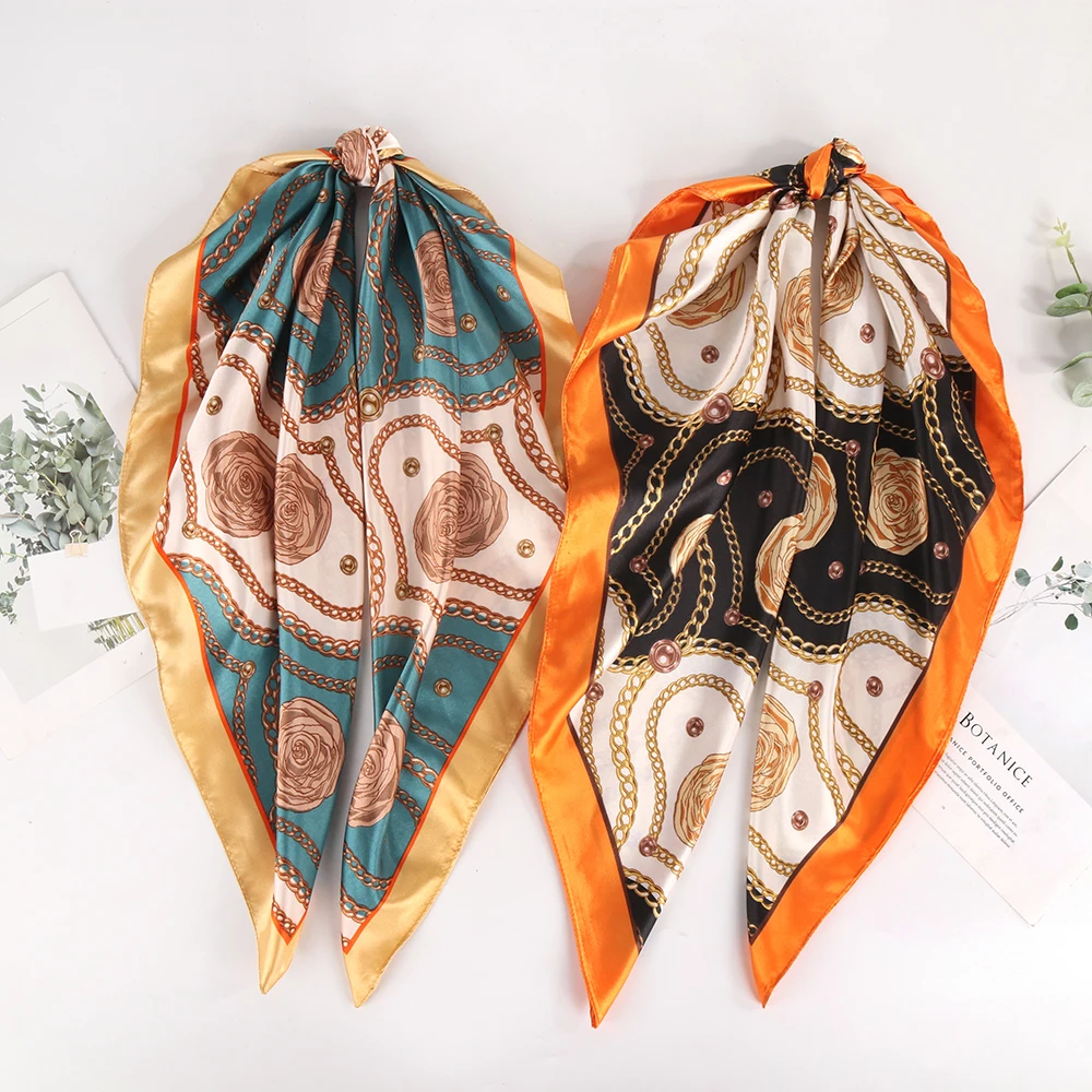Шарф для волос 90*90 см женский платок с розой мягкий атласный квадратный шелковый