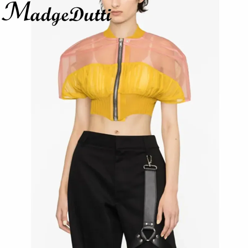 

3.9 MadgeDutti 2023 Spring Summer New Stand Collar Short Sleeve Spliced Mesh Zipper Jacket Women