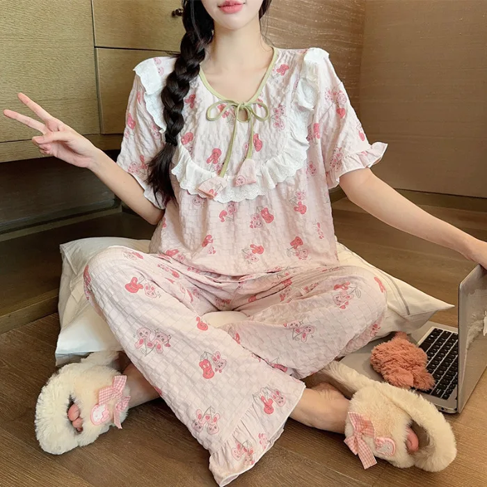 Пижама женская Новинка лета 2024 Длинные хлопковые брюки с коротким рукавом