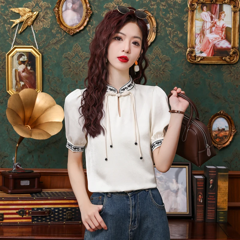 Модная женская блузка с коротким рукавом и воротником-стойкой шифоновая