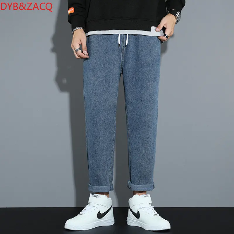 DYB&ZACQ Brand Spring and Autumn Solid Color Retro Style Wide Leg Loose Neutral Elastic Waist Drawstring Jeans