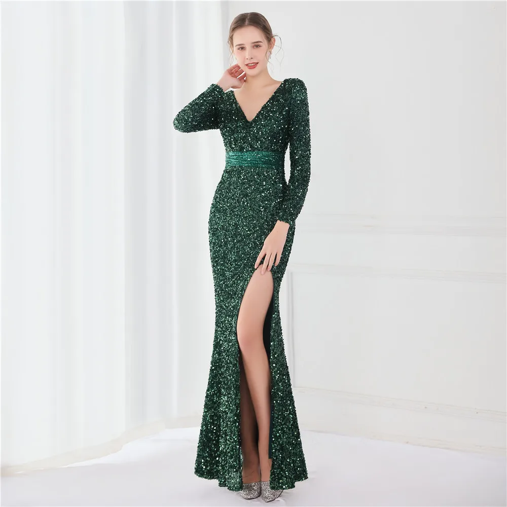 

Women 2022 New Elegant Velvet Long Sleeve V-Neck Floor Length Evening Dress Sexy Hight Slit Sequin Party Maxi Dress Vestidos