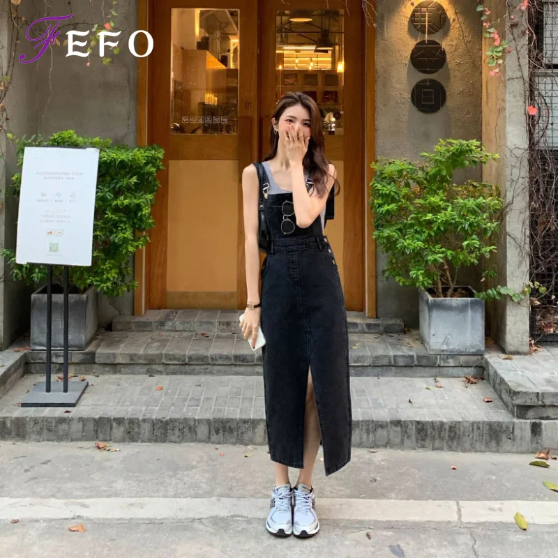 

Women's Jeans Dress Summer Thin Denim Suspender Skirt Slit Slip Dress Korean Fashion Denim Pants Streetwear 2022 Pant for Women