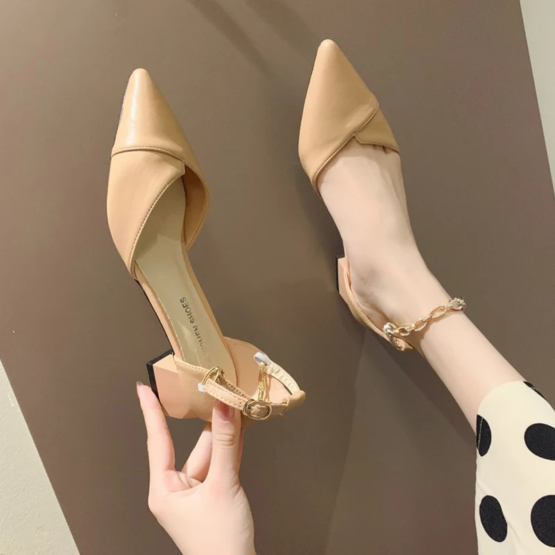 

Women Shoes Orange 3cm Heels Shallow Mouth 2022 Pointed Pumps Hollow All-Match Chunky Sandals Footwear White Straps 5cm Spring L