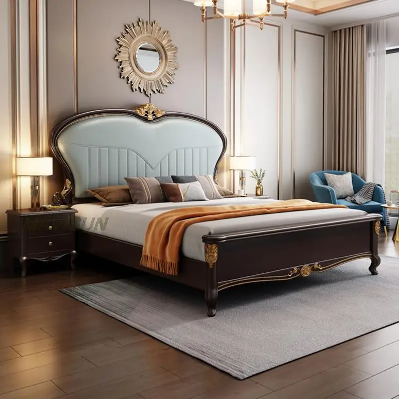 Light Blue Soft Case Luxury Modern Double Bed Beautifully Carved Nordic Bedroom Small Apartment Furniture