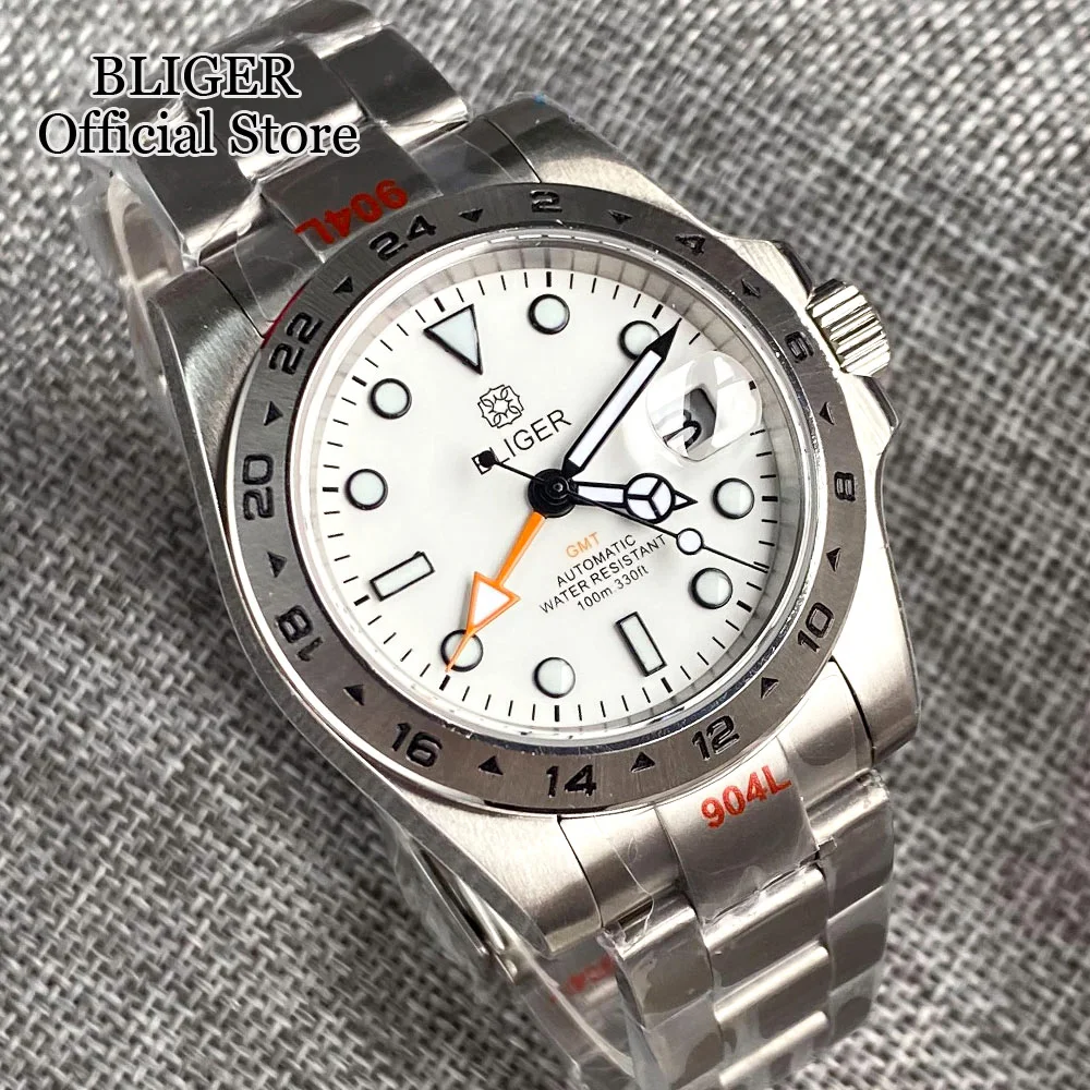 Мужские механические часы BLIGER NH34 GMT с белым циферблатом и сапфировым стеклом