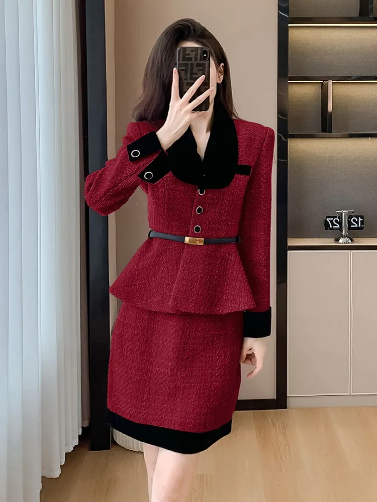 

Small Fragrance Tweed Women's Suit Warm Jacket Coat Outwear With Belt + Elegant High Waist Skirts Two Pieces Set Ladies Female
