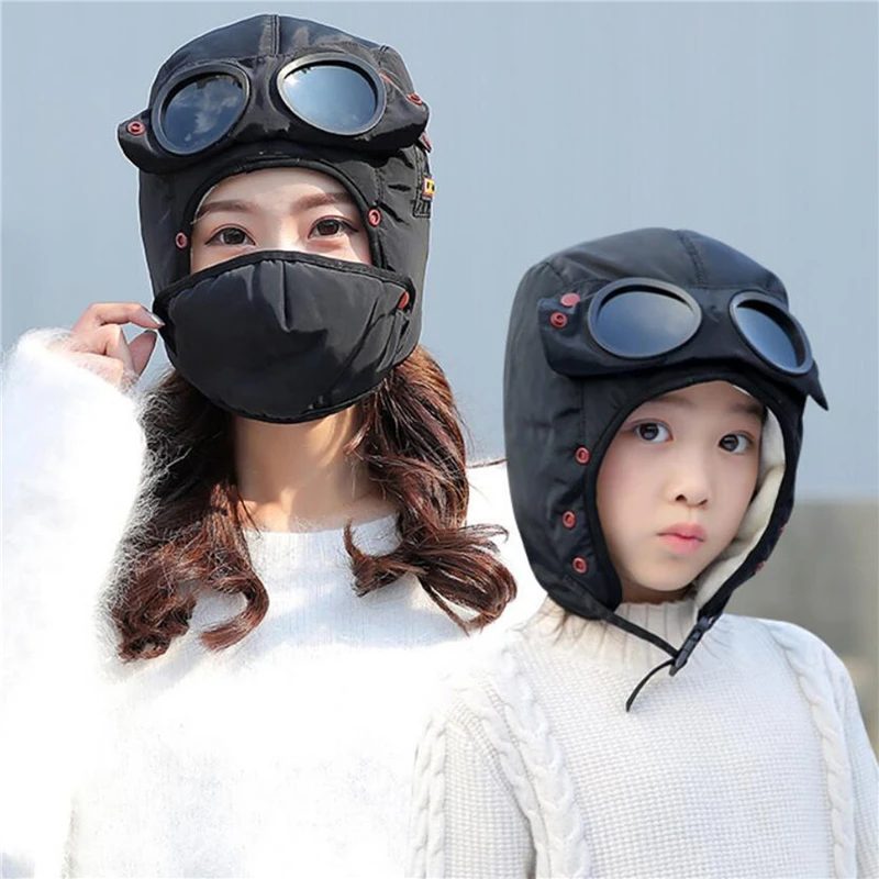 

Fashion Winter Bomber Hat with Masks Goggles Waterproof Hood Pilot Hats Glasses Ear Protection Cap Kids Adult Balaclava