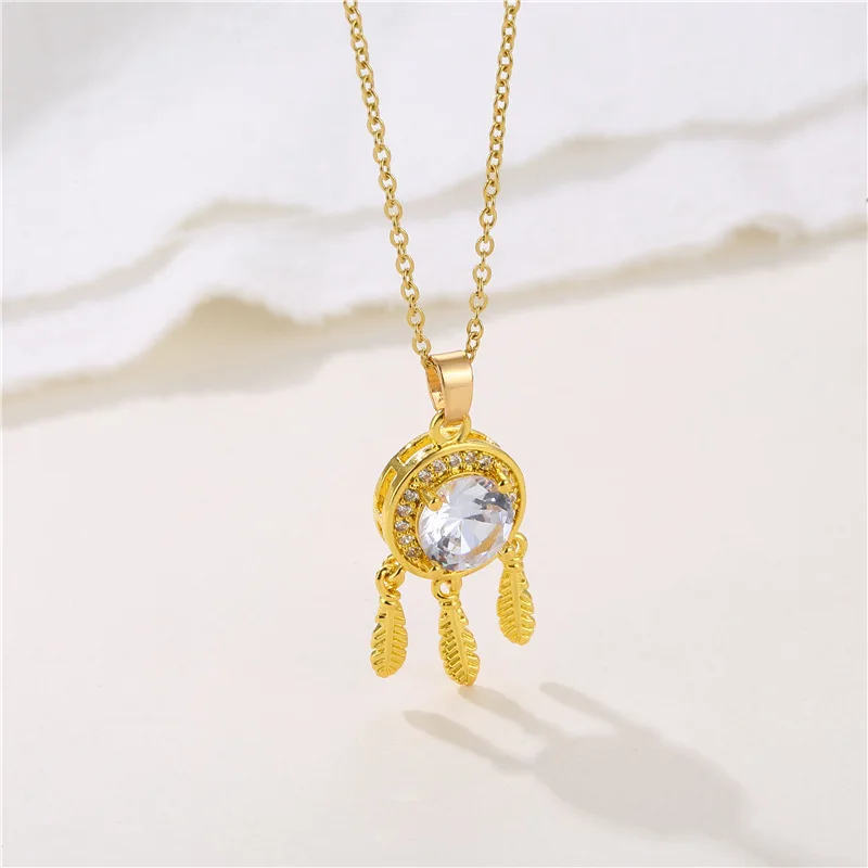 

Fashion Gold Color Stainless Steel Zircon Pendant Necklace for Women Dream Catcher Flower Circle Chain Choker Girls Jewelry Gift