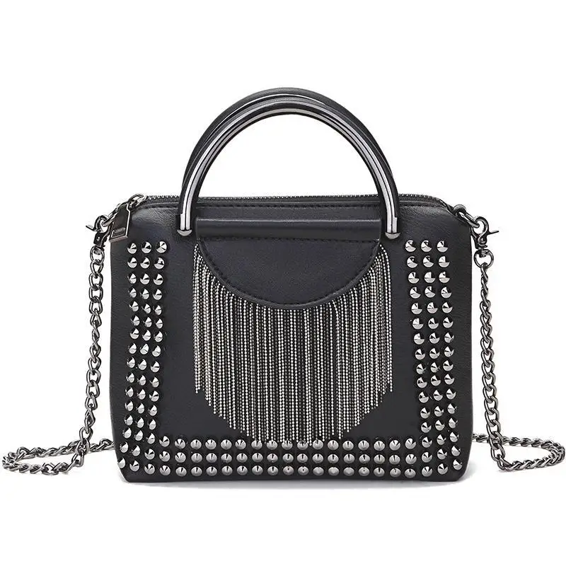 

Luxury Brand Rivet Women Handbag Fashion Chain Women Shoulder Bags Chain Tassel Design Ladies Crossbody Bags Black Boston