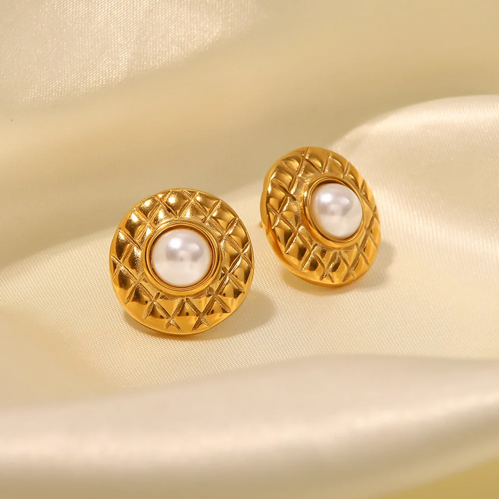 Stainless Steel PVD 18K Gold Plated Tarnish Waterproof Pearl Inlay Button Stud Earring Woman Jewelry Wholesale Trendy