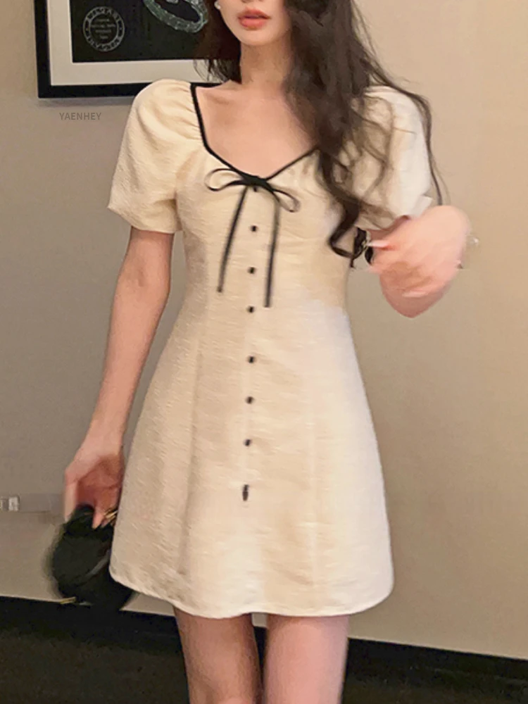 

Летнее милое мини-платье с бантом в винтажном стиле 2023, женская одежда, Элегантное повседневное женское платье с оборками, корейское модное облегающее платье