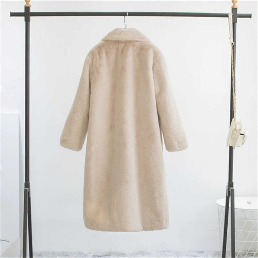 Winter Faux Mink Rabbit Fur Long Coat Women Without Belted Warm Thicken Overcoat Soft Plush Outwear Luxury Jackets Korean Top