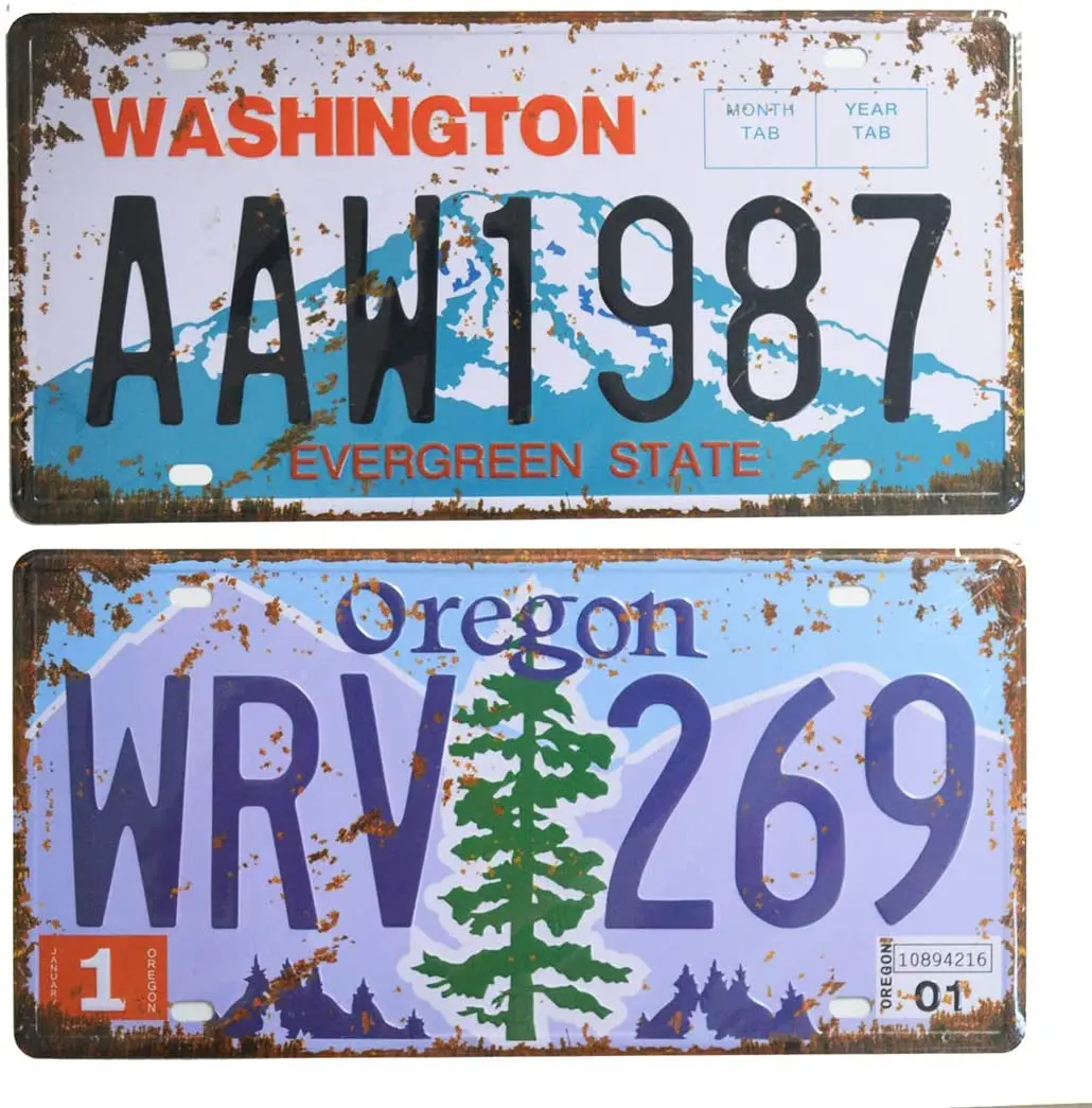 

2 Pieces Prop License Plates, Number Tags Replica, Wall Home DIY Man Cave Garage Decor, 6x12 Inch (Washington & Oregon)