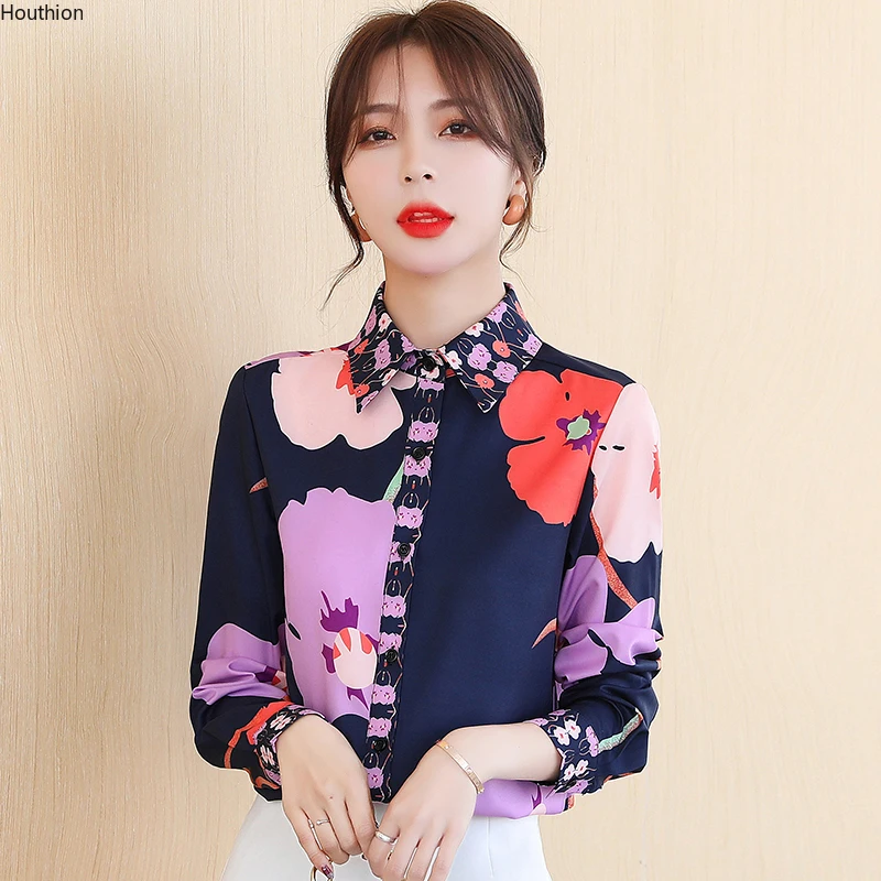 

Summer New Women's Blouses Long Sleeve Polo Shirt Stitching Printing Satin Casual Fashion Loose Top