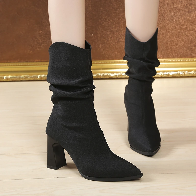 

Pmwrun New Autumn Winter Fashion High-heeled Mid-tube Korean Version Pointed Fold Sleeves Are Thin and Foreign-style Pile Boots