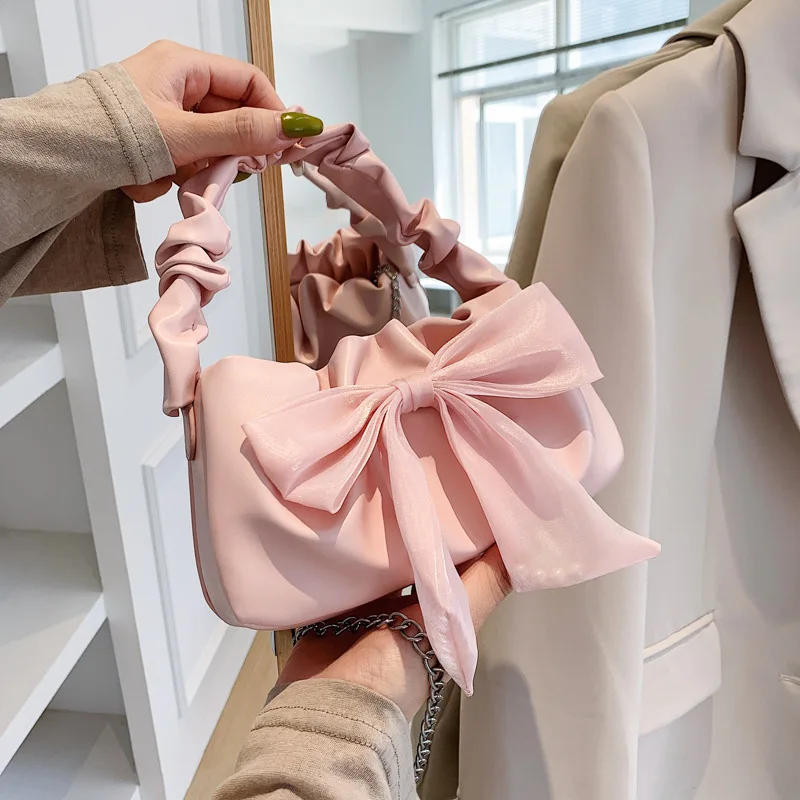 

2023 Summer Pleated Handlebags For Women PU Fairy Bow Bag Leisure Armpit Bag Shopping Shoulder Bag Korean Fashion Handbag Female