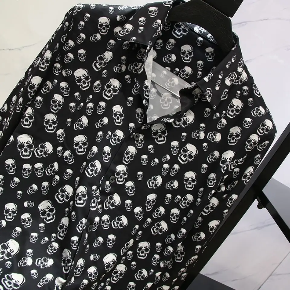 Men's Spring and Autumn Long Sleeve Shirt New Full Body Skull Shirt Slim Fit Men's Printed Shirt