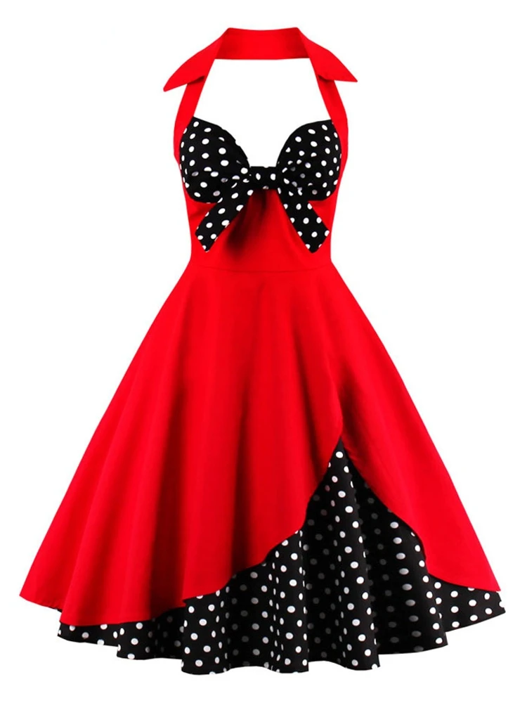 

2022 Knot Front Sexy V-Neck Halter Party Women Vintage 50s Pinup Dress Black and Red Two Tone Backless Cotton Dresses