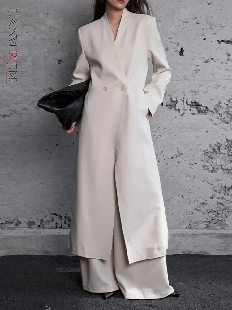 

[LANMREM] High End Long Blazers For Women Solid V Neck Double Breasted Office Lady Elegant Outwear 2023 Autumn New Tide Coats 26
