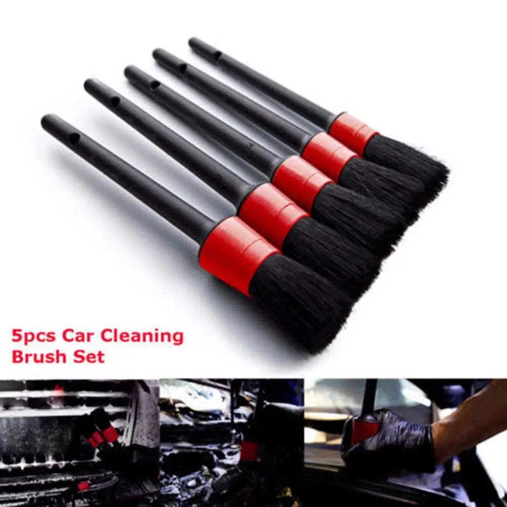 

5Pcs Natural Boar Hair Detail Brush Set Automotive Detailing For Car Cleaning Car Wash & Maintenance Sponges, Cloths & Brushes