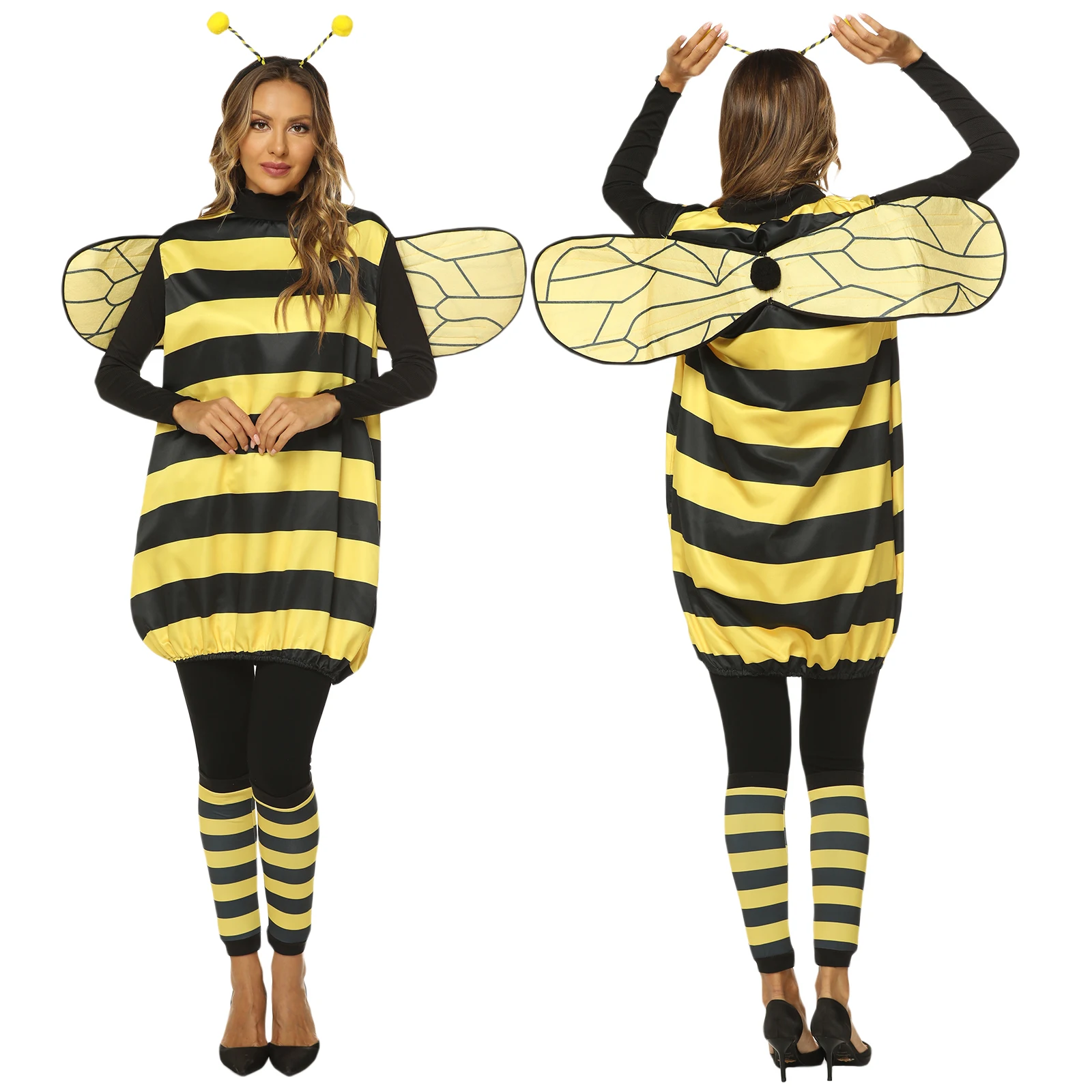 Bee Costumes for Women, Halloween Honey Bee Costume Adult Kids Little Bee Costume, Antennae Headband+Dress+Wings+Leg Warmers