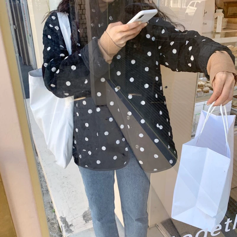 2021 New Winter Polka Dot Thin Coats O-Neck Warm Loose Casual Jackets Women Long Sleeve Outwear Elegant Tops Female Streetwear