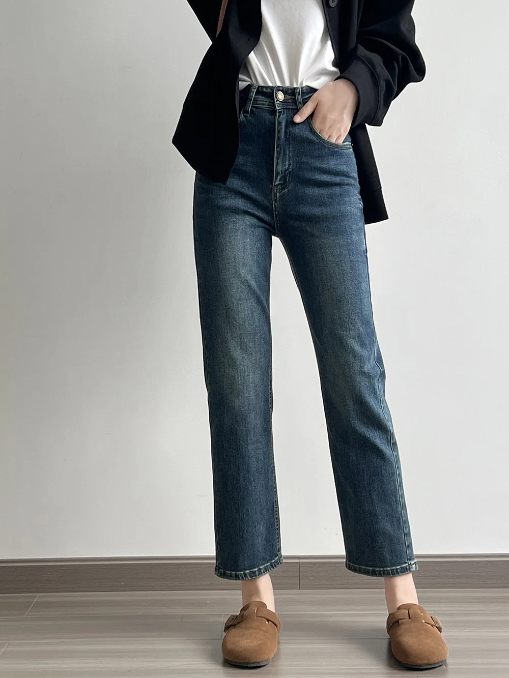 

Женские джинсы с высокой талией в стиле ретро, новинка сезона осень 2023, эластичные облегающие универсальные прямые джинсовые брюки до щиколотки в винтажном стиле