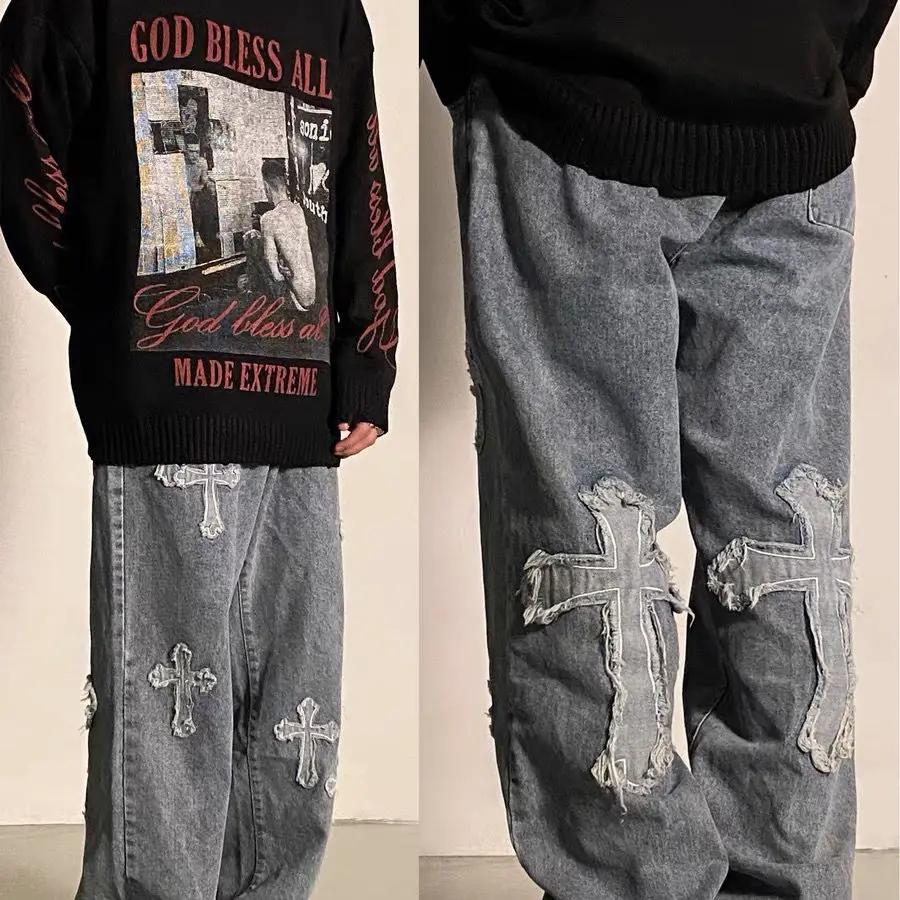 Men's jeans European and American high street cross embroidery y2k hip-hop tide brand straight loose wide-leg pants ins hot sale |