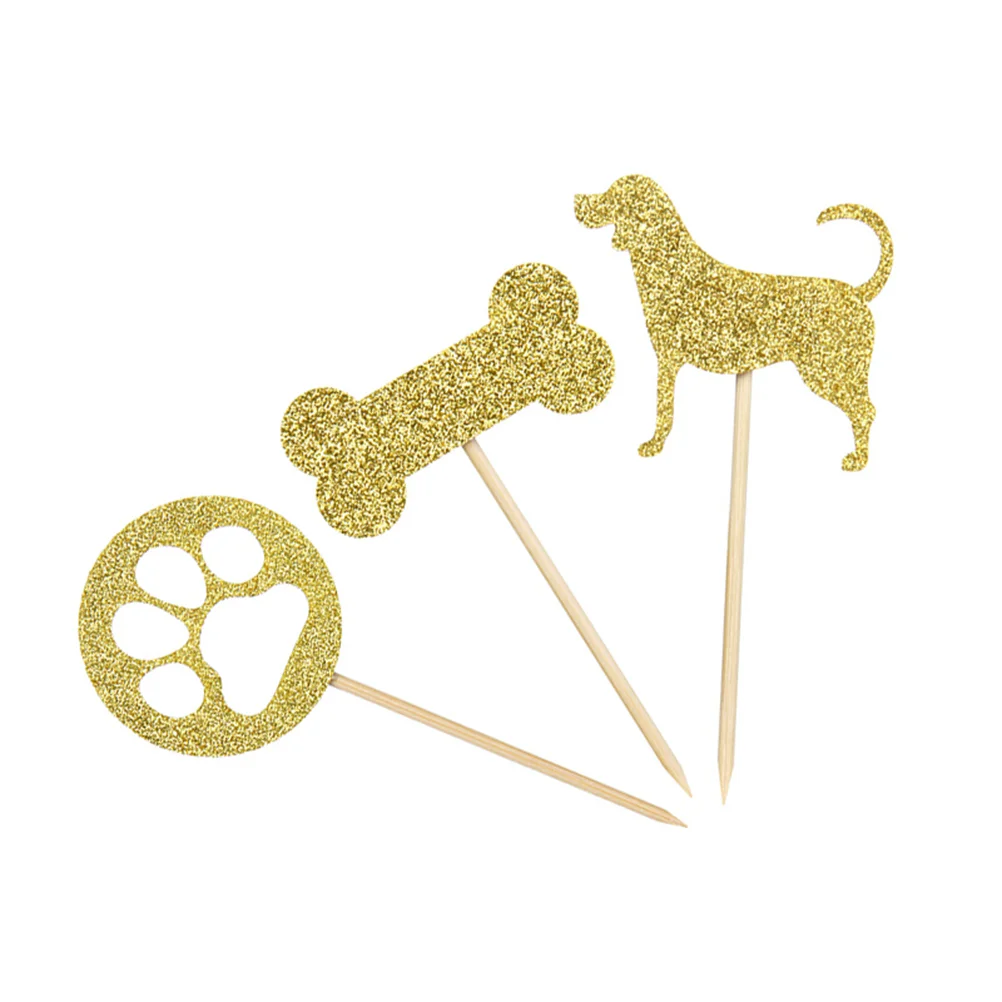 

12pcs Shining Dog Cake Topper Bone Footprint Decor Insert for Kid Birthday Party Gathering (Golden)