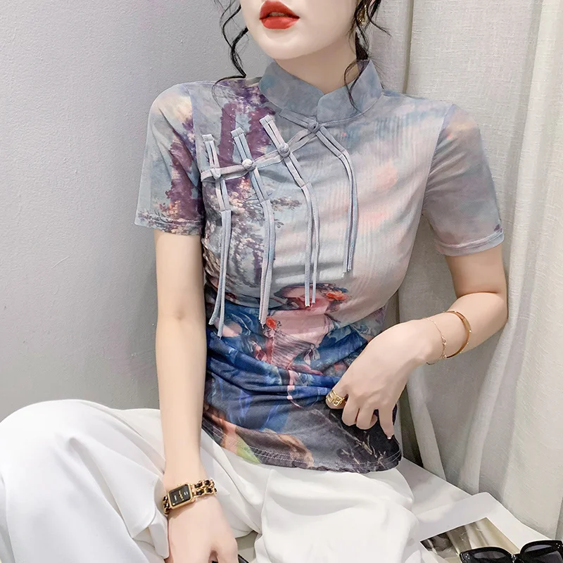 # 5709 Летняя футболка женская с воротником-стойкой винтажная узкая сетчатая