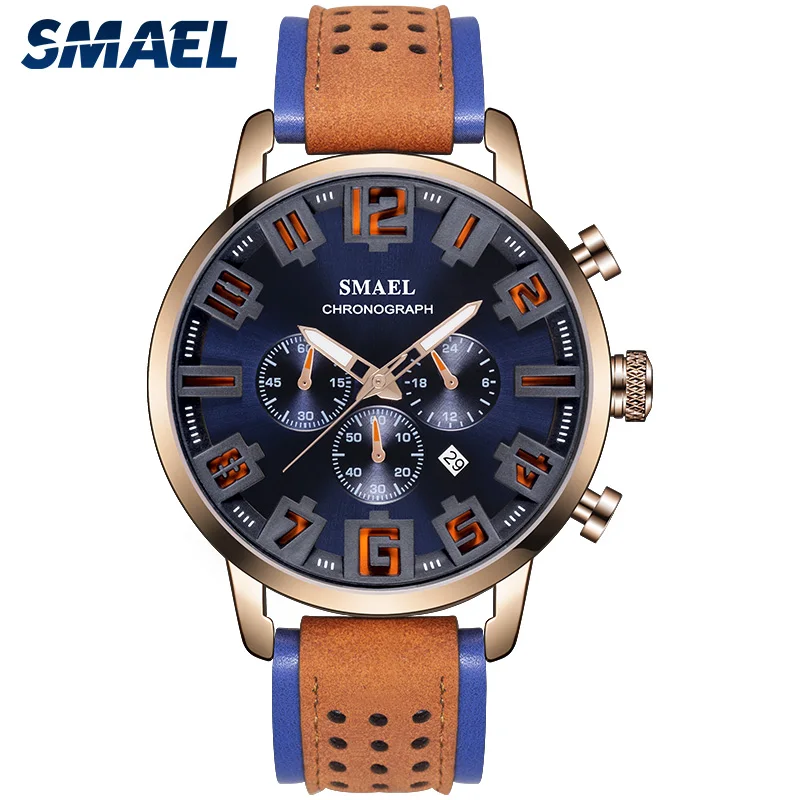 

SMAEL Casual Sport Mens Watches Top Brand Military Leather WristWatches Man SL-9077 Clock Fashion Chronograph Relogio Masculino