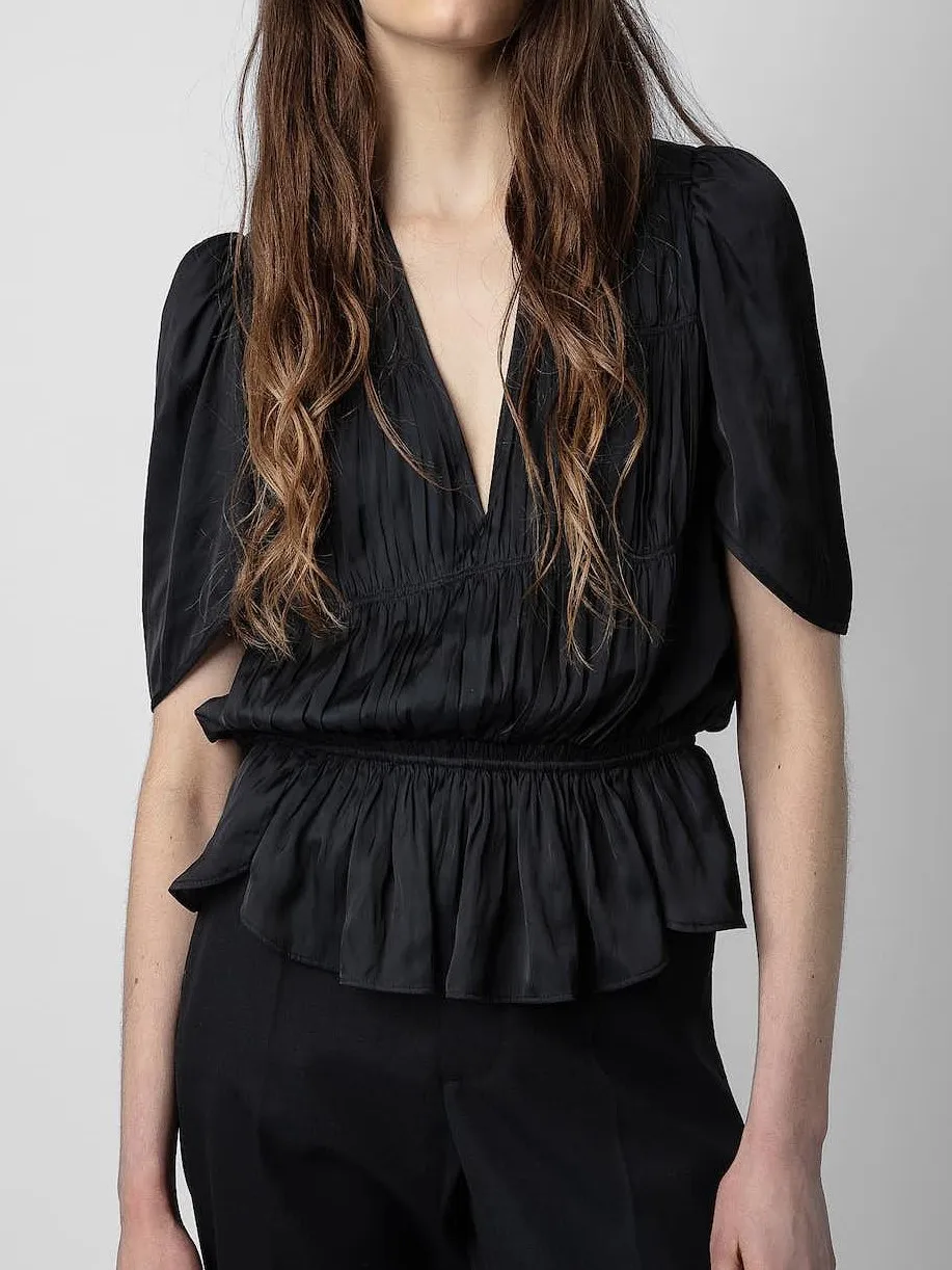 

Women's Blouse Pleated Short Sleeve V-Neck Solid Color Office Lady Shirt