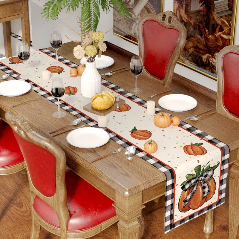 Осенняя льняная настольная дорожка в черно-белую клетку с тыквой украшение для