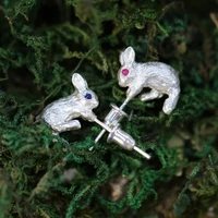 womens silver plated rabbit stud earrings inlay blue red eye cute girlss daily earrings birthday gifts party jewelry