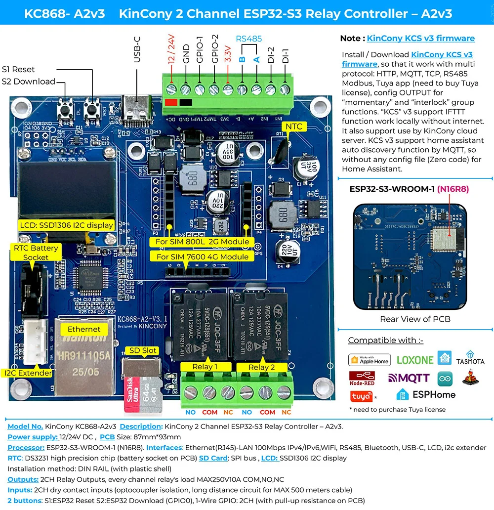 Умный контроллер KinCony KC868-A2v3 ESP32-S3 ESPHome для домашнего помощника или прошивки Tasmota для автоматизации умного дома DIY (art.: 3920d1efac96e) - 3920d1efac96e