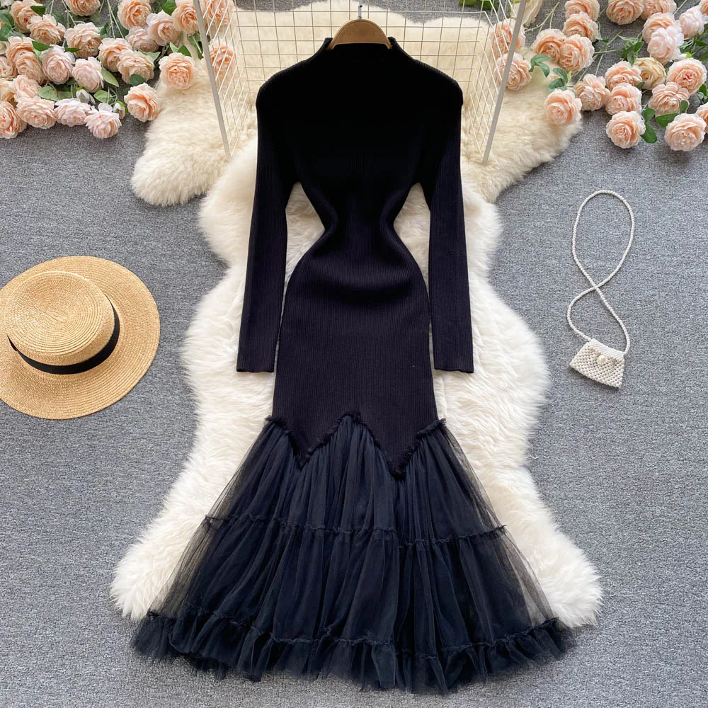 

Autumn and winter new fairy dress female Hepburn temperament net gauze stitching over knee knitted fish tail long skirt tide