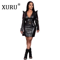 xuru european and american new womens clothing pu dress imitation leather dress flying sleeve v neck low cut slim dress