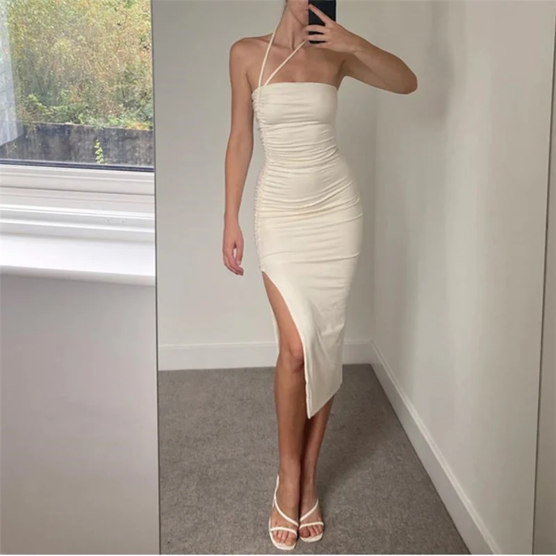 

Women Sexy Tube Dress with Adjustable Drawstring, Pleated Trim High Slit Solid Color Summer Clothing, Black/White