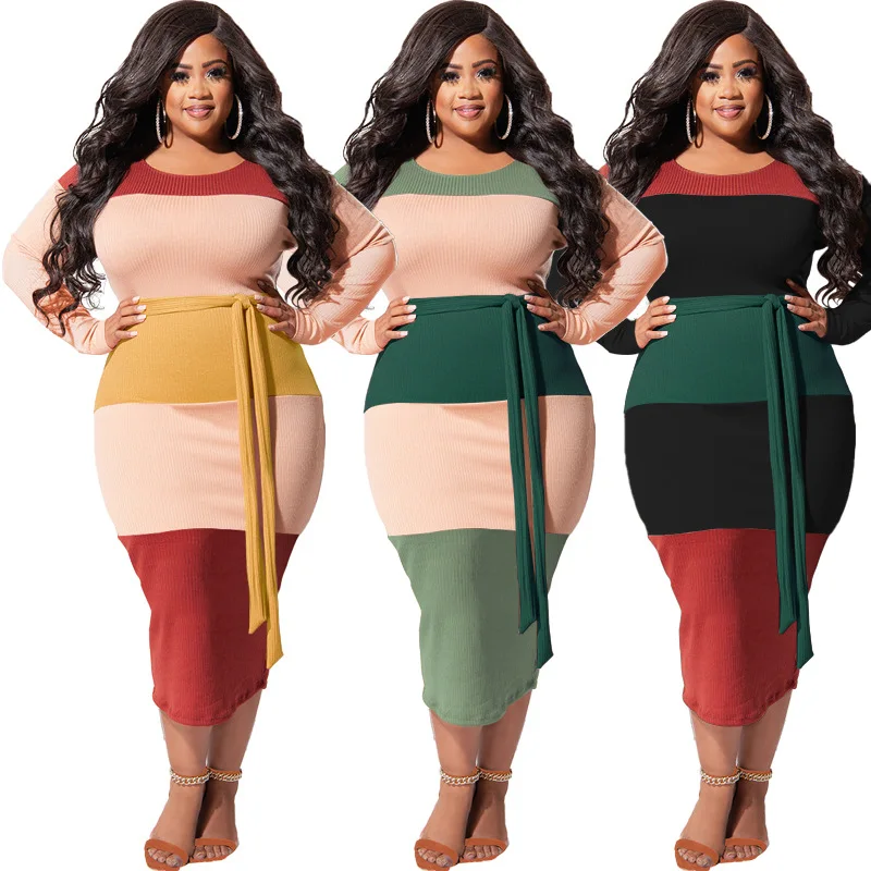 

Stripe Printed Knitted Maxi Dress Women Casual Plus Size Dresses Long Sleeve Fashion Autumn Winter Long Clothes African Dress