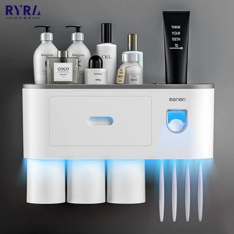 

Держатель для зубных щеток RYRA, двойной автоматический диспенсер для зубной пасты, магнитный поглощающий инвертированный стакан, стеллаж дл...