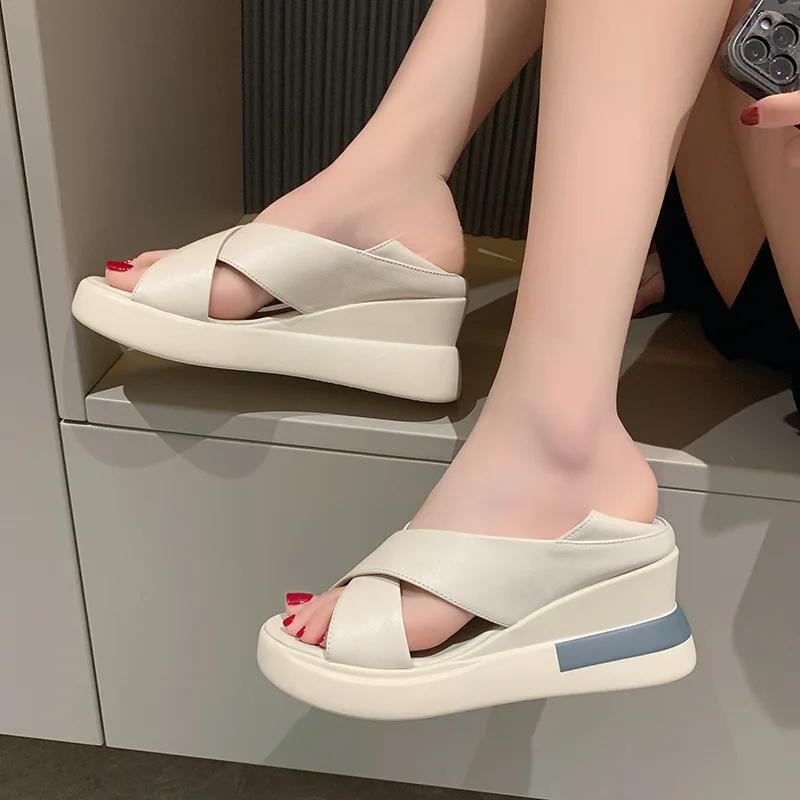 

Open Toe Muffins shoe Fashion Womens Shoes 2022 Clear Heels Clogs Wedge Cross Female Sandal Two Weare Peep Flat Luxury Platform