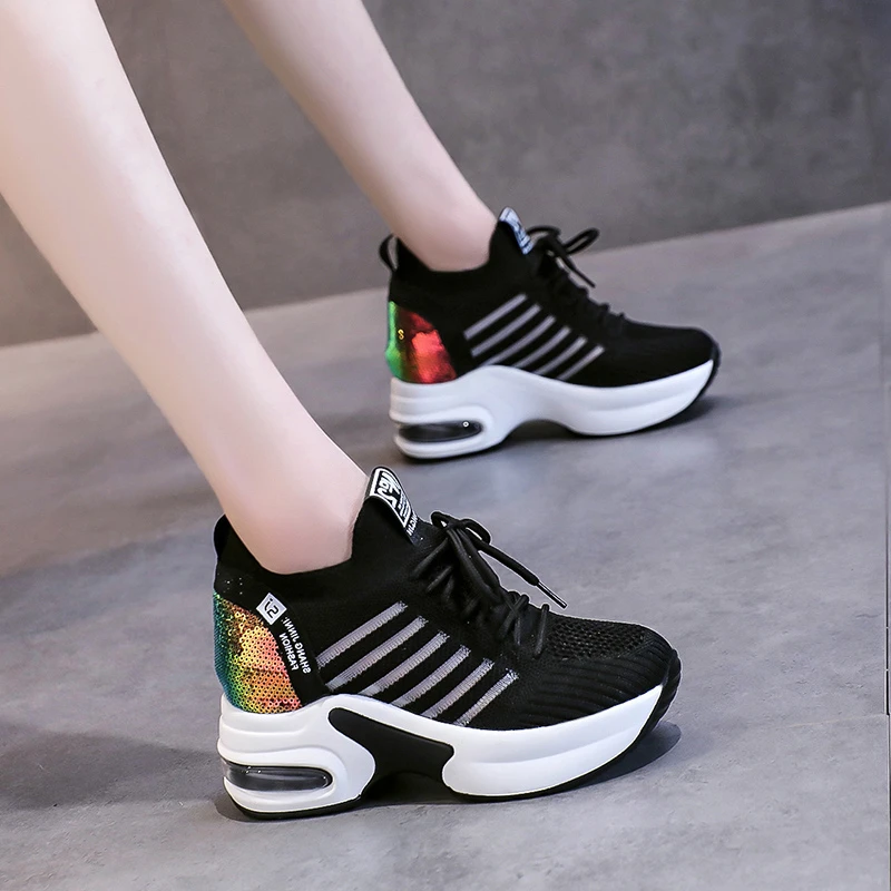 

Women's Flying Woven Thick-soled Sneakers Invisible Hhigh Heels Heightening Ladies Wedge Shoes Fashion Sequins Breathable Sports