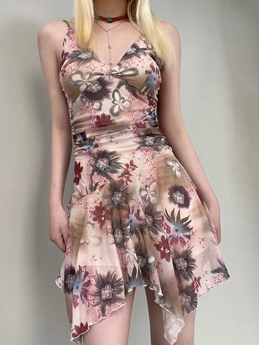 

Women Slip Dress, Spaghetti Straps V-neck Backless Flower Print A-line Dress Irregular Summer Mini Dress
