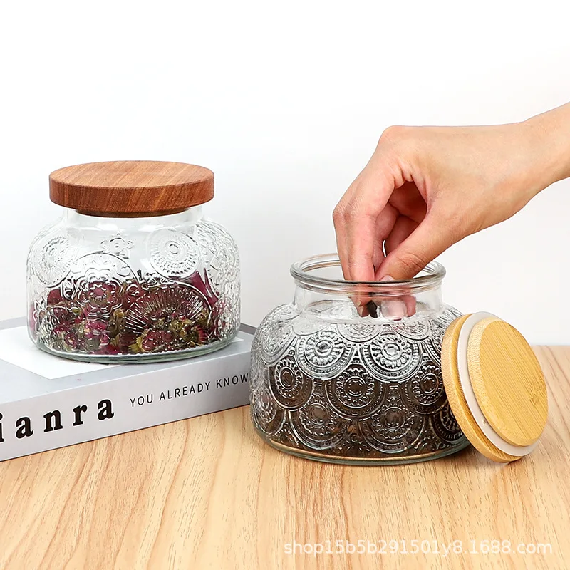 

Vintage Flower Pattern Glass Storage Jar with Lid Home Candy Coffee Bean Storage Bottle Kitchen Food Spice Bottle Sugar Jar